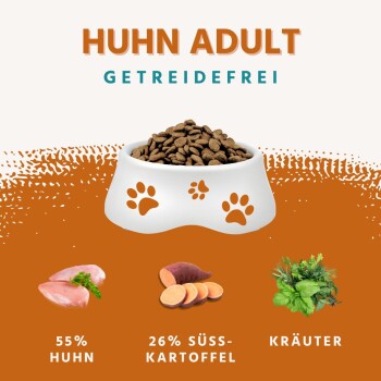 Hundefutter in einer Schüssel mit der Aufschrift "Huhn Adult Getreidefrei", mit 55 % Huhn, 26 % Süßkartoffel und Kräutern.