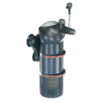 Ein schwarzer und grauer Aquarienfilter mit einem zylindrischen Design, mit orangefarbenen Akzenten und einem Wasserablassrohr oben.