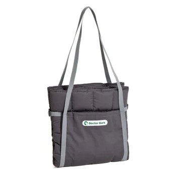 Graue Haustiertragetasche mit gepolsterten Seiten, mit zwei grauen Riemen und einem weißen Logo, das 'Doctor Bark' liest.