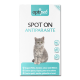 Verpackung für OptiPet Spot On Antiparasitenbehandlung für Katzen, mit einer grauen Katze und mehrsprachigem Text über Floh- und Zeckenprävention.