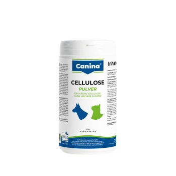 Weiße Canina-Dose mit der Aufschrift „CELLULOSE PULVER“ und „100% REINE CELLULOSE“, für Hunde & Katzen, mit blauem Hund- und grünem Katzen-Symbol.