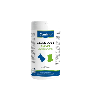 Weiße Canina-Dose mit der Aufschrift „CELLULOSE PULVER“ und „100% REINE CELLULOSE“, für Hunde & Katzen, mit blauem Hund- und grünem Katzen-Symbol.