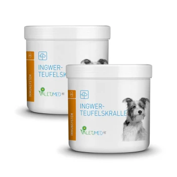 Weißer Behälter mit der Aufschrift 'INGWER-TEUFELSKRALLE' und einem Hundebild, das die Unterstützung des Immunsystems durch VALETUMED PET bewirbt.