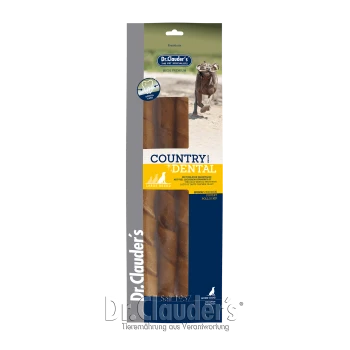 Dr. Clauder's Country Dental für große Hunderassen, mit einem laufenden Hund und Verpackung, die "Zahnpflege" und "Huhn" hervorhebt.