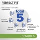 Bild von Perfect Fit Senior-Haustierfutter, das "total 5" Vorteile zeigt: natürliche Abwehrkräfte, Harnwegsgesundheit, Verdauung, Haut & Fell und Gewichtskontrolle.