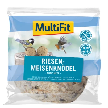 Emballage de nourriture pour oiseaux MultiFit Riesen-Meisenknödel avec deux boules de suif, avec des oiseaux illustrés sur le devant et un texte en allemand et en français.