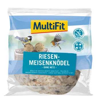 MultiFit Riesen-Meisenknödel bird food package featuring two suet balls, with birds illustrated on the front and text in German and French.