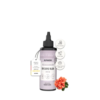Flasche Alphazoo Bye Bye Vloh Spot-on Flohschutz für Hunde und Katzen mit Blumen- und Produktetiketten.