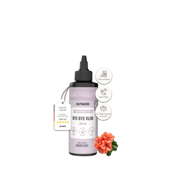 Flasche Alphazoo Bye Bye Vloh Spot-on Flohschutz für Hunde und Katzen mit Blumen- und Produktetiketten.