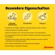 Gelbe Infografik zu Tierfutter: 'Besondere Eigenschaften' — Symbole: Optimale Entwicklung, Knochenbau, Omega‑3; Josera-Logo.