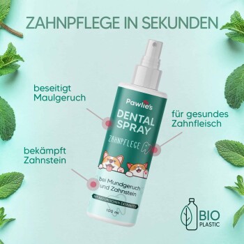 Bild zur Förderung der Zahngesundheit von Haustieren mit einem Hund und einer Katze. Der Text hebt Zahnprobleme, Vorteile und Häkchen für gesunde Zähne und Atem hervor.