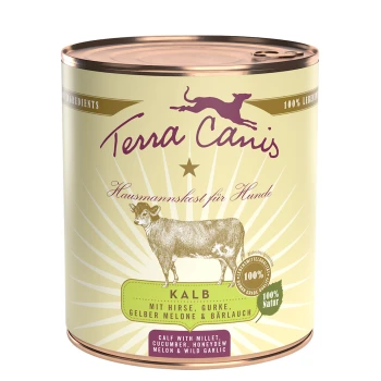 Classic Adult 6x800g Kalb mit Hirse, Gurke, gelber Melone und Bärlauch Dosenfutter für Hunde von Terra Canis mit einer Kalb-Illustration, beschriftet mit 'Kalb' und Zutaten: Hirse, Gurke, Honigmelone und Bärlauch.