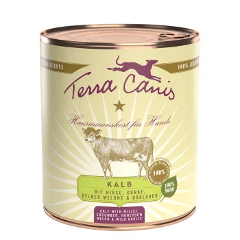 Dosenfutter für Hunde von Terra Canis mit einer Kalb-Illustration, beschriftet mit 'Kalb' und Zutaten: Hirse, Gurke, Honigmelone und Bärlauch.