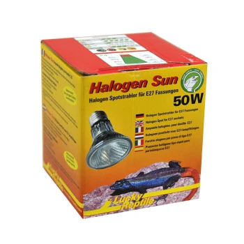 Halogen Sun 50 W Box mit Halogen Sun 50W Strahler für E27-Fassungen, mit mehrsprachigem Text und einem Bild von einer Eidechse auf einem Stein.
