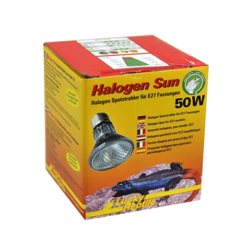 Box mit Halogen Sun 50W Strahler für E27-Fassungen, mit mehrsprachigem Text und einem Bild von einer Eidechse auf einem Stein.