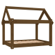 Holz-Hundebett mit einem hausförmigen Design, ausgestattet mit einem slatted Boden und einer braunen Oberfläche.