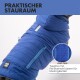 Ein Französischer Bulldogge trägt eine blaue Daunenjacke mit Kapuze, die einen Reißverschluss zeigt. Der Text lautet "easy Entry" und "Easy Entry durch Klettverschluss."