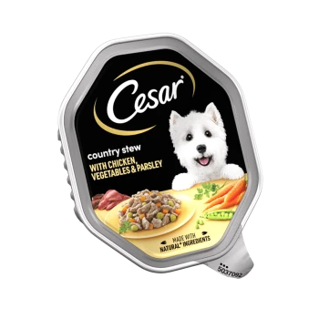 Cesar Country Stew dog food packaging featuring chicken, vegetables, and parsley, with a serving suggestion of the meal.