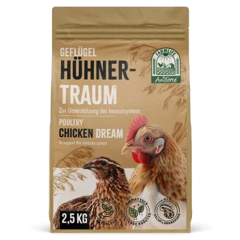Hühnertraum 2,5kg Geflügelfutterbeutel mit der Aufschrift "Hühner-Traum" mit Bildern eines Huhns und einer Wachtel, das die Unterstützung des Immunsystems fördert, 2,5 kg.
