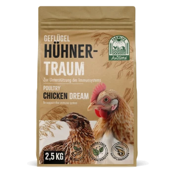 Geflügelfutterbeutel mit der Aufschrift "Hühner-Traum" mit Bildern eines Huhns und einer Wachtel, das die Unterstützung des Immunsystems fördert, 2,5 kg.