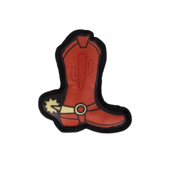 Red cowboy boot-shaped dog toy with black trim, cactus stitch detail and yellow spur and belt buckle.
