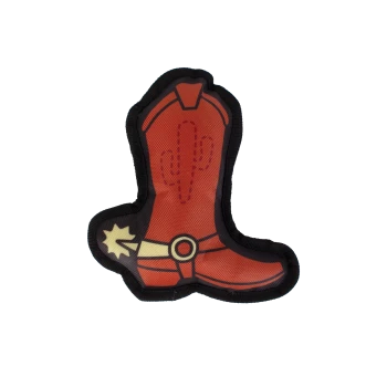 Red cowboy boot-shaped dog toy with black trim, cactus stitch detail and yellow spur and belt buckle.