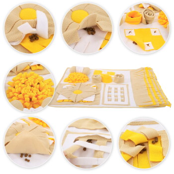 Beige-gelb-weiße Fleece-Schnüffel-Puzzlematte für Haustiere mit mehreren Versteckklappen, Rollen, Taschen und verstreutem Trockenfutter.