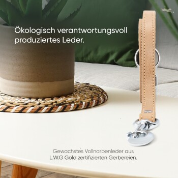 Natürliche Leder-Hundeleine auf einem Tisch neben einer Topfpflanze, mit umweltfreundlicher Produktion und L.W.G Gold-Zertifizierung.
