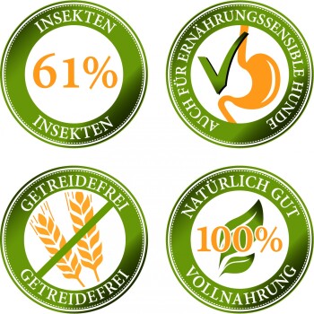 Vier runde Etiketten: '61% INSEKTEN', 'Für ernährungssensible Hunde', 'GETREIDEFREI' und '100% NATÜRLICH GUT VOLLNAHRUNG.'
