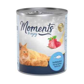 Eine Dose Katzenfutter mit der Aufschrift "Momente zum Genießen", mit einer goldenen Katze, die neben rosa Thunfischstücken und einer Gabel entspannt.