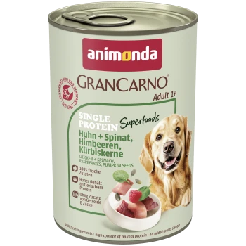 Dose Animonda GranCarno Hundefutter, Adult 1+, Huhn + Spinat, Himbeeren & Kürbiskerne; Golden Retriever.