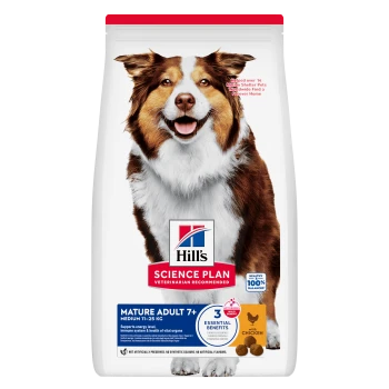 Hill's Science Plan Hundefuttersack mit lächelndem braun-weißem erwachsenen Hund; sichtbarer Text: 'Mature Adult 7+', '3 Essential Benefits', 'with chicken'