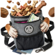 Graue Haustier-Leckerlitasche mit einem rosa Kordelzug, schwarzem Netzfach und einem runden Logo; erhältlich in mehreren Farben.