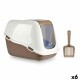 Katzenstreu-Box in Weiß und Braun mit einer transparenten Tür, begleitet von einer passenden Schaufel, beschriftet mit 'x6'.