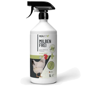 Sprühflasche mit der Aufschrift "REAVET+ MILBEN FREI" für Milben und Parasiten, mit einer Grafik eines weißen Huhns, 1 Liter Größe und dem Text "ACTIVE SPRAY".