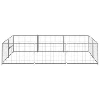 Ein großer, grauer Metallspielplatz für Haustiere mit mehreren Paneelen und Toren, entworfen, um Haustiere sicher drinnen oder draußen zu halten.