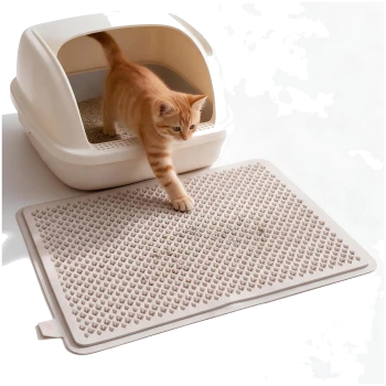 Rotgetigertes Kätzchen steigt aus einer abgedeckten beigen Katzentoilette auf eine strukturierte beige Streufangmatte.