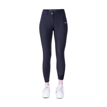 Schwarze Reitleggings mit hoher Taille, mit einem Logo am Bund und perforierten Details an den Seiten.
