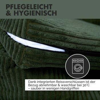 Ein Französischer Bulldogge schläft auf einem gemütlichen grünen Cordpetbett, mit dem Text "Kuschelweich" und Details zur Atmungsaktivität des Stoffes.
