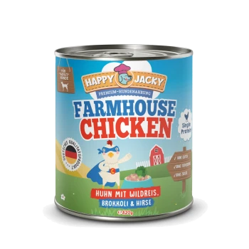 Dose mit Happy Jacky Farmhouse Chicken Hundefutter, das ein Superhelden-Huhn und das Etikett "Single Protein" mit aufgelisteten Zutaten zeigt.