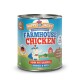 Dose mit Happy Jacky Farmhouse Chicken Hundefutter, das ein Superhelden-Huhn und das Etikett "Single Protein" mit aufgelisteten Zutaten zeigt.