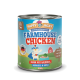 Dose mit Happy Jacky Farmhouse Chicken Hundefutter, das ein Superhelden-Huhn und das Etikett "Single Protein" mit aufgelisteten Zutaten zeigt.
