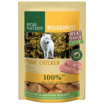 Packaging for Real Nature Wilderness meat snack featuring a white wolf, with text "Pure Chicken" and "100% Huhn, Poulet, Chicken."