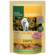 Verpakking voor Real Nature Wilderness vlees snack met een witte wolf, met de tekst 'Pure Chicken' en '100% Huhn, Poulet, Chicken.'