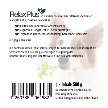 Relax Plus Haustierergänzungspulver für Hunde, das Ruhe und Konzentration mit B-Vitaminen, Magnesium, Tryptophan und Lysin fördert. 500g.