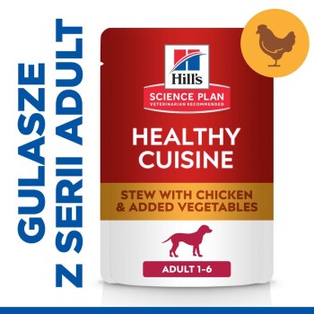 Torebka karmy dla psów Hill's Science Plan Healthy Cuisine z "Gulaszem z kurczaka i dodatkowymi warzywami," odpowiednia dla dorosłych psów w wieku 1-6 lat.