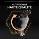 Vue de profil d'un chien, probablement un berger australien, avec le texte "NUTRITION DE HAUTE QUALITÉ" au-dessus, sur fond noir.