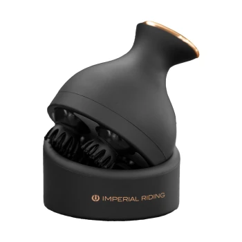 Schwarzes Haustierpflegewerkzeug mit einer abgerundeten Oberseite und strukturiertem Boden, mit dem Text "IMPERIAL RIDING" in Gold.