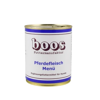 Dose von "boos" Pferdefleisch Menü, ein ergänzendes Hundefutter, mit einem weißen Etikett mit lila Akzenten und goldener Kappe.