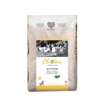 7 kg Sack Kingsmoor Pure Chicken Kittenfutter mit einem schwarz-weißen Hühnerbild und dem Text "KITTEN" und "Brennnesselmehl und Kräuter."